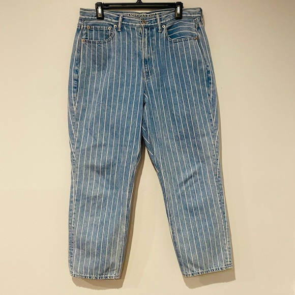 AEO American Eagle Striped High Rise Mom Jeans Size 12 Short - Picture 1 of 7